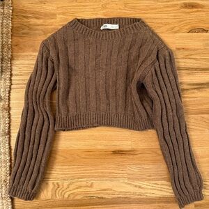 Zara Brown Ribbed Crew Neck Sweater